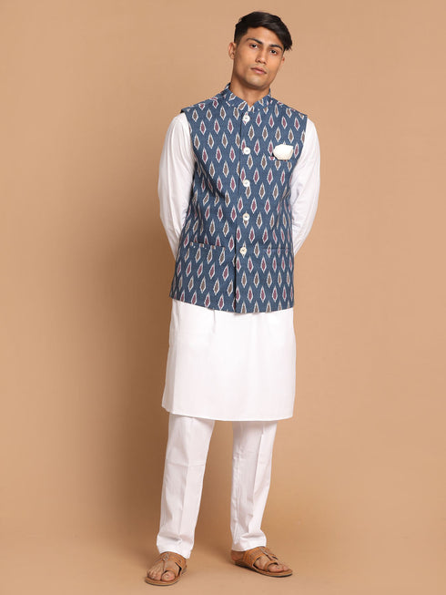 Vastramay Men's Grey Cotton Nehru Jacket  With White Cotton Pant